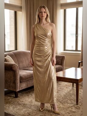 Calvin Klein Radiant Gold One Shoulder Metallic Evening Gown Size 10